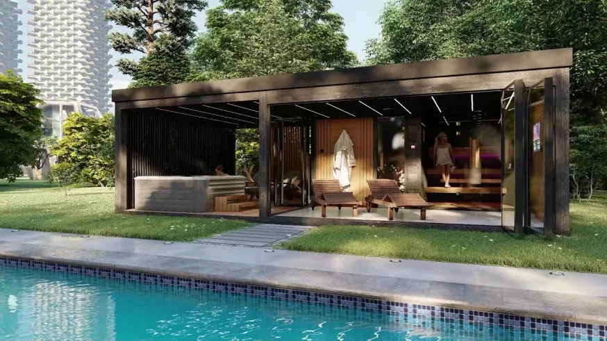 Kerti, wellness szaunaház komfort kivitelben előtetővel, terasszal Kerti, wellness szaunaház komfort kivitelben előtetővel, terasszal